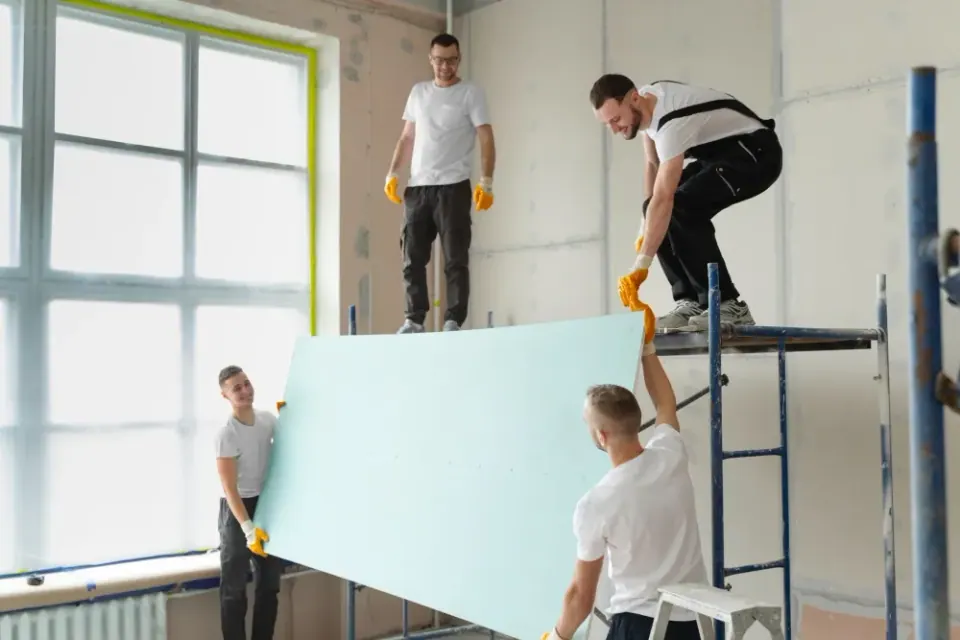 Four construction workers installing a drywall panel in a room with a window.