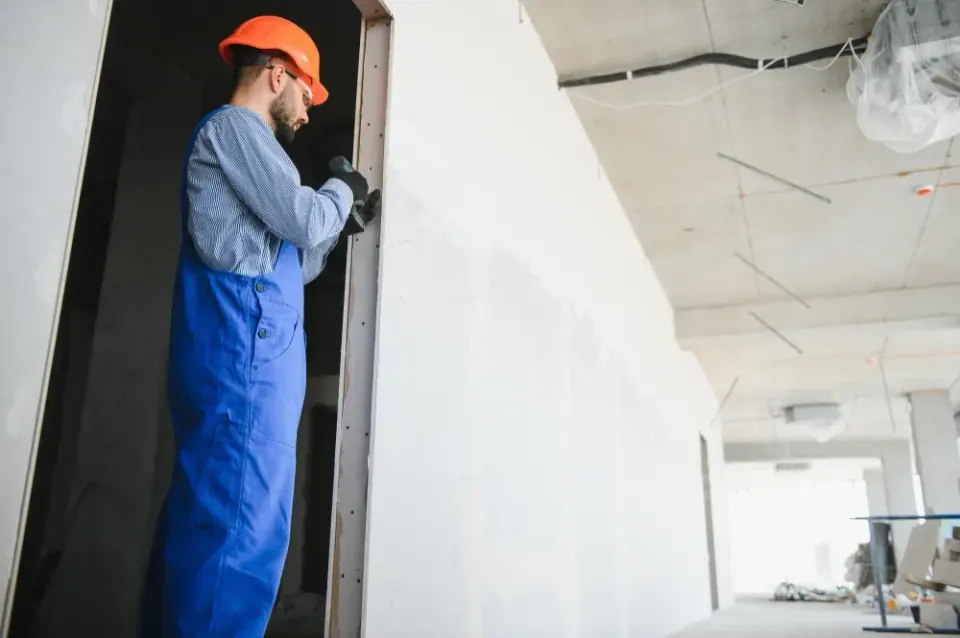 Construction worker in blue overalls and orange hard hat, installing trim on a door frame.