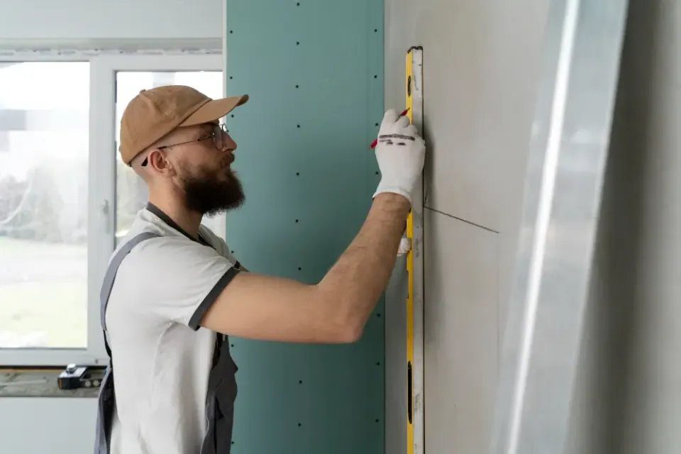 A construction worker in a cap uses a level on a wall, preparing it for finishing.