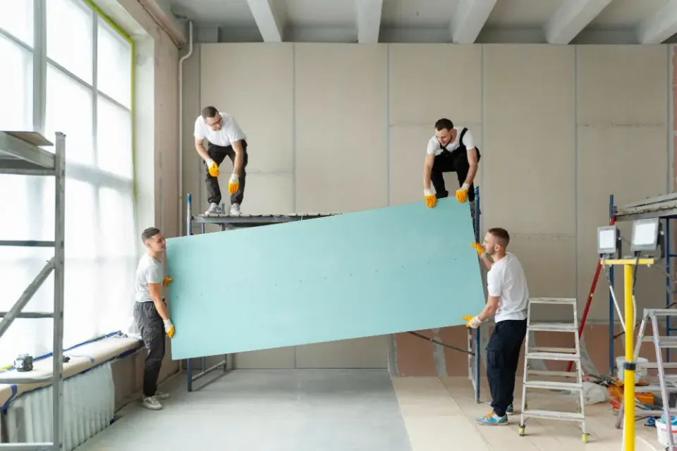 Four construction workers carrying a large, blue drywall panel in a room with scaffolding.