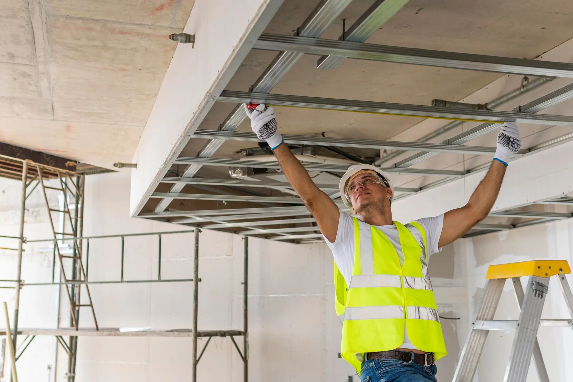 A man is installing a drywall ceiling in a room.
