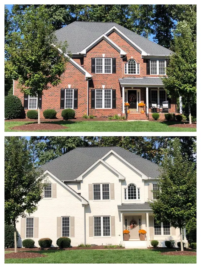 A before and after picture of a brick house painted white.