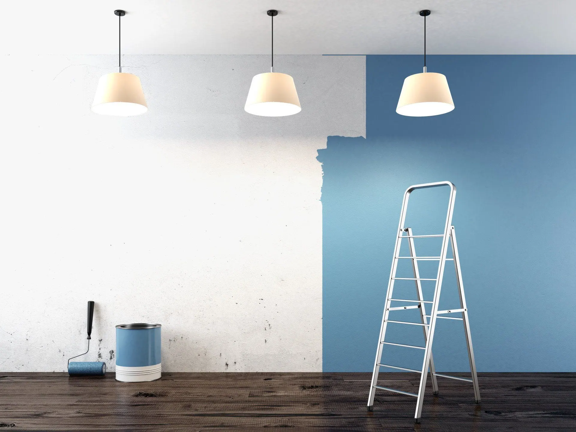 A room half repainted in blue, with a ladder, roller and paint can on the floor.